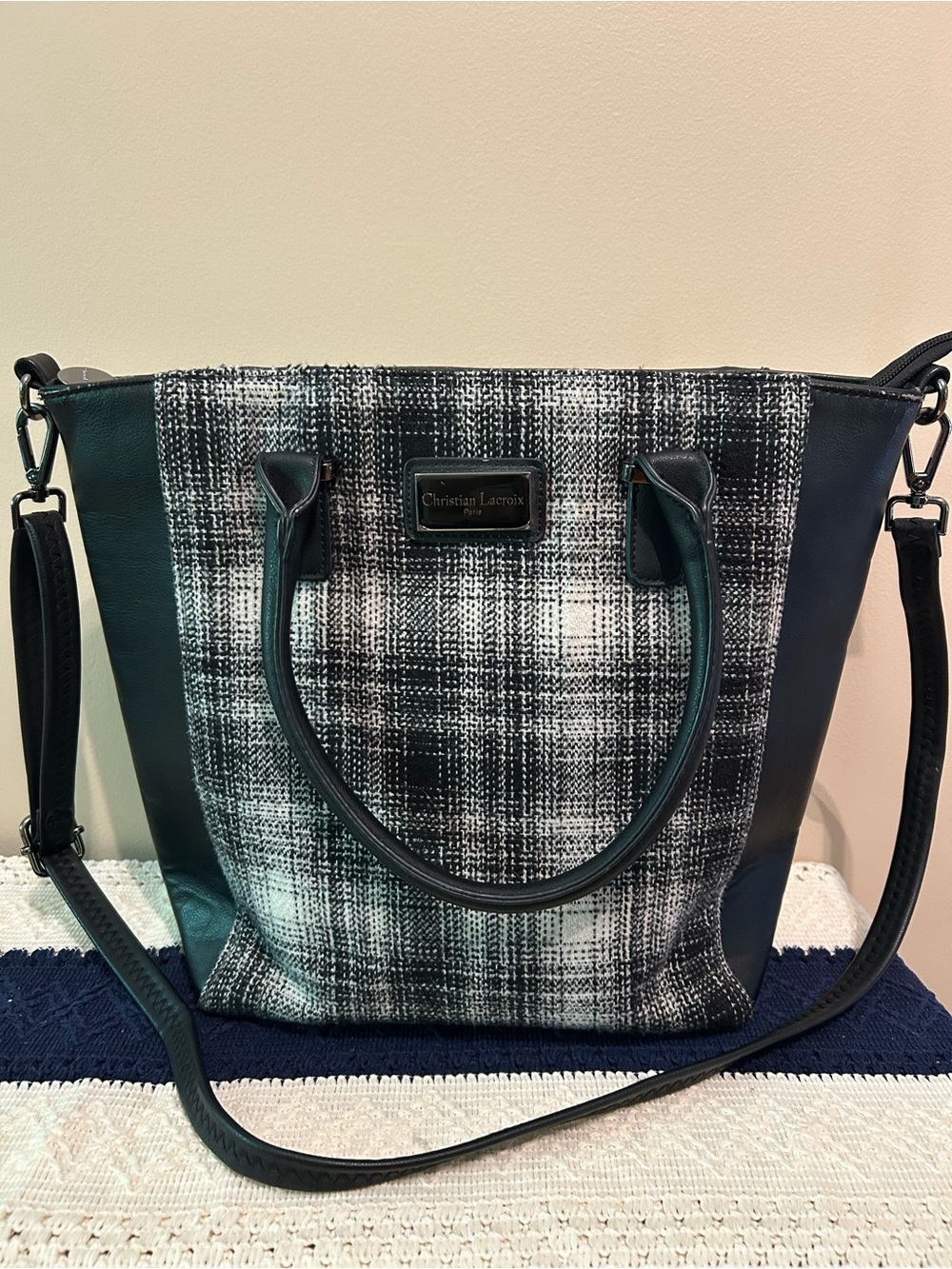 Christian Lacroix Black and White Plaid Shoulder Tote
